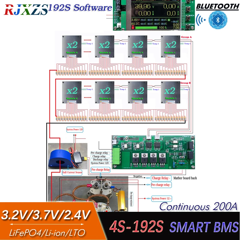 LCD 포함 릴레이 DIY BMS, LTO, LiFePO4, 리튬 이온 배터리 호환, 블루투스 앱 모니터, 4S-192S, 180S, 168S, 156S, 144S, 200A