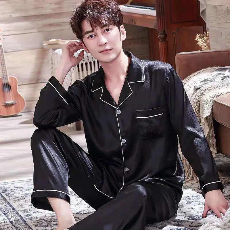 Men Pajama Sets Silk Satin Pijama Turn-down Collar Sleepwear Long Sleeve Spring Nightwear Male 2 Pieces Sets Homewear