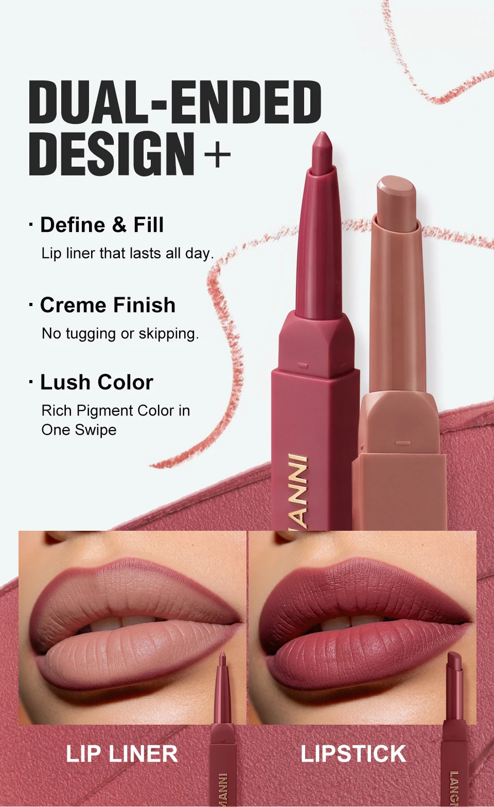 Double Ended Rose Nude Matte Lip Liner Waterproof Long Lasting_voghion.com