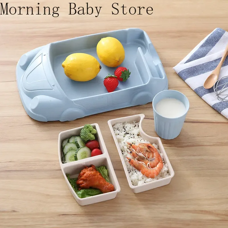 Creative Car Shape Baby Feeding Dishes Plate for Food Bamboo Fiber Baby Toddler Food Supplement Plate with Cup Tableware