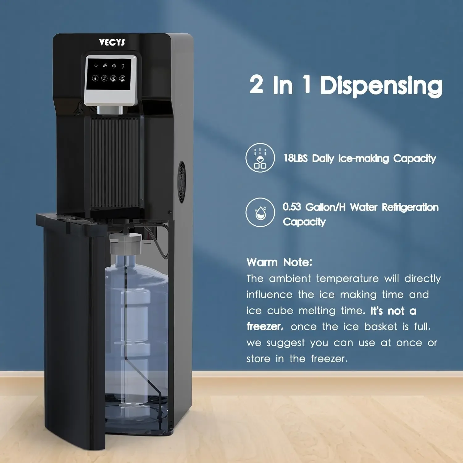2 in 1 Water Cooler, Cold Water Supply with 18LBS Daily Ice Making, Bottom Loading Compatible with 3 or 5 Gallon Bottles, Ideal 2