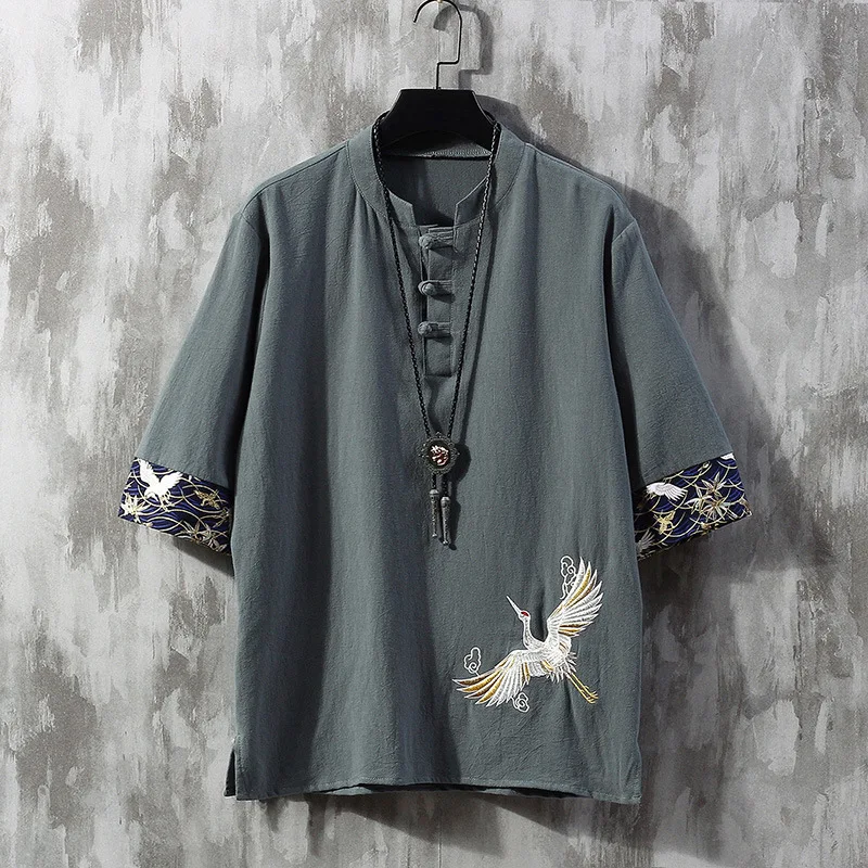 

Chinese Style Button Linen T-shirt Plus Size Men Summer Short-sleeved Tang Shirt Loose Embroidery Crane T-shirt Japanese Kimono