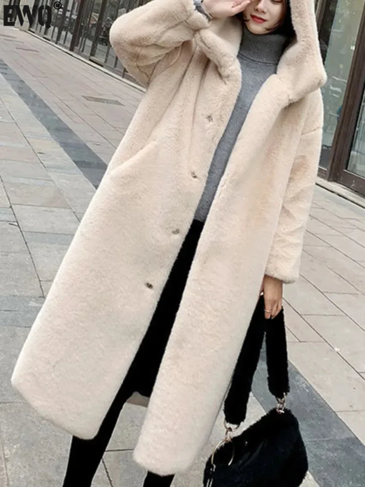 

[EWQ] Elegant Single Breasted Hooded Faux Fur Loose Knee Length Coat For Women's Plush Warm Clothes 2024 Spring Winter 16U6970