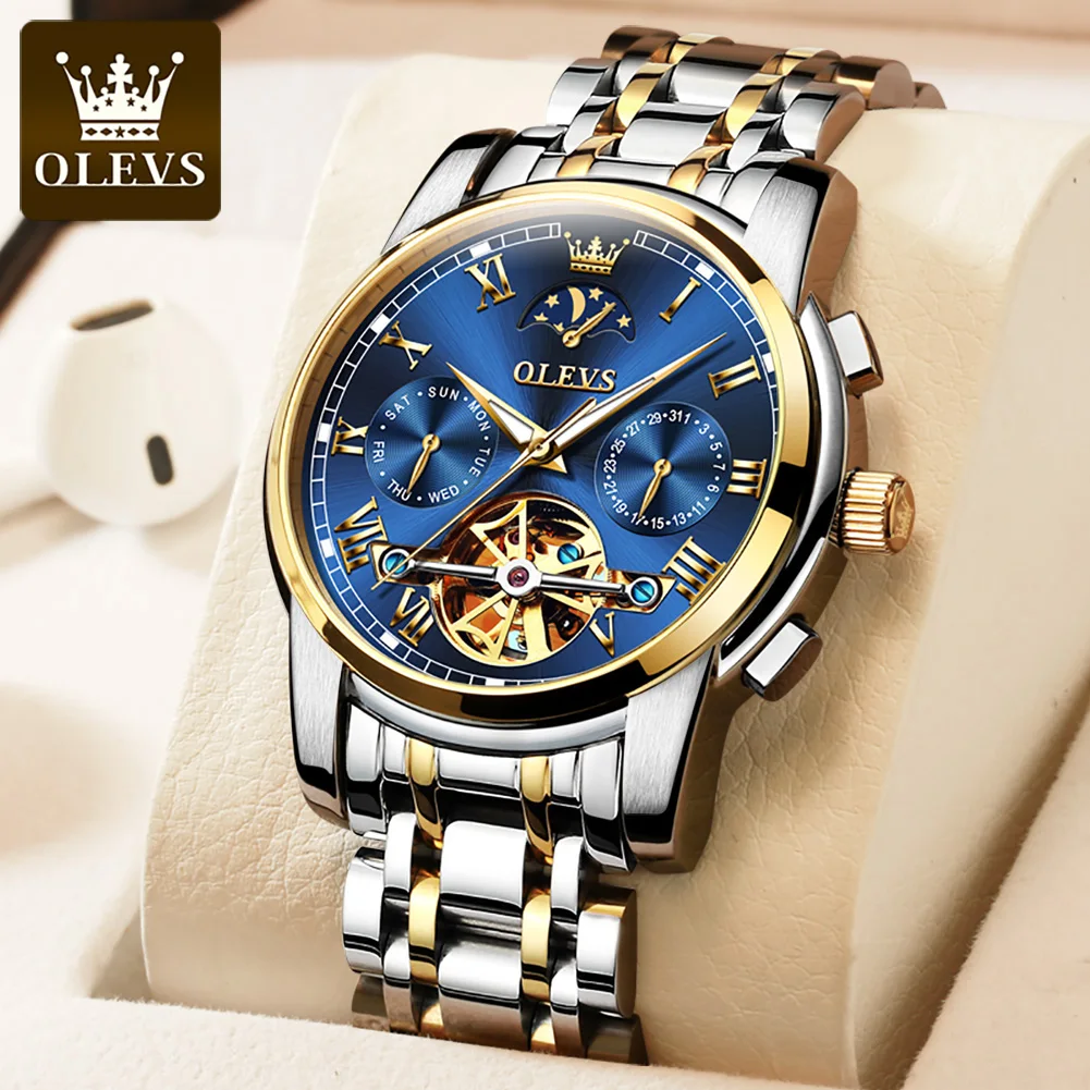 

OLEVS Automatic Mechanical Watches for Men Stainless Steel Men's Watch Luminous Week Date Moon Phase Dial Skeleton Wrist Watches