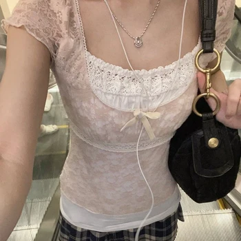 Coquette Lace Milkmaid Top Tees Y2K Aesthetic Fairy Grunge Square Collar Tees Prepply Korean Kawaii T-shirt Women Cropped Tops 1