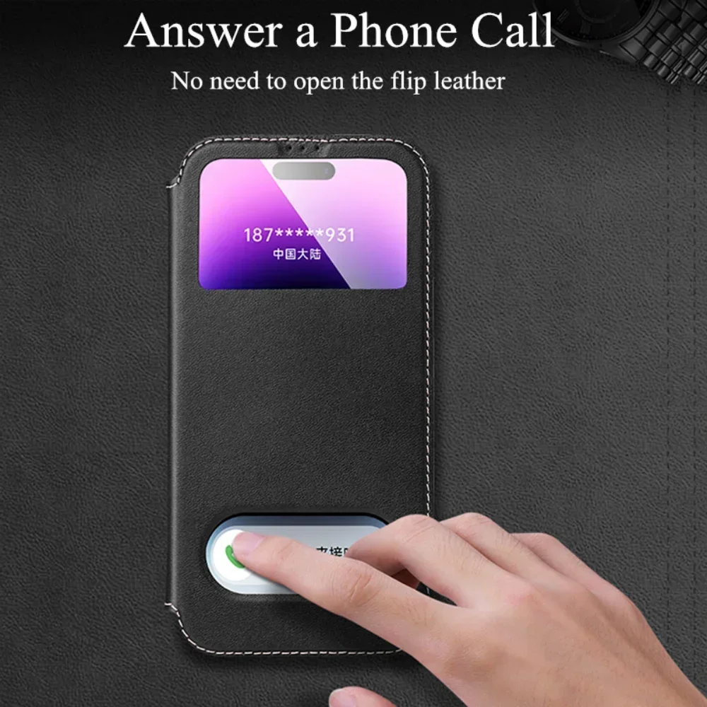 Premium Genuine Leather Magnetic Flip Phone Case with Clear View Window