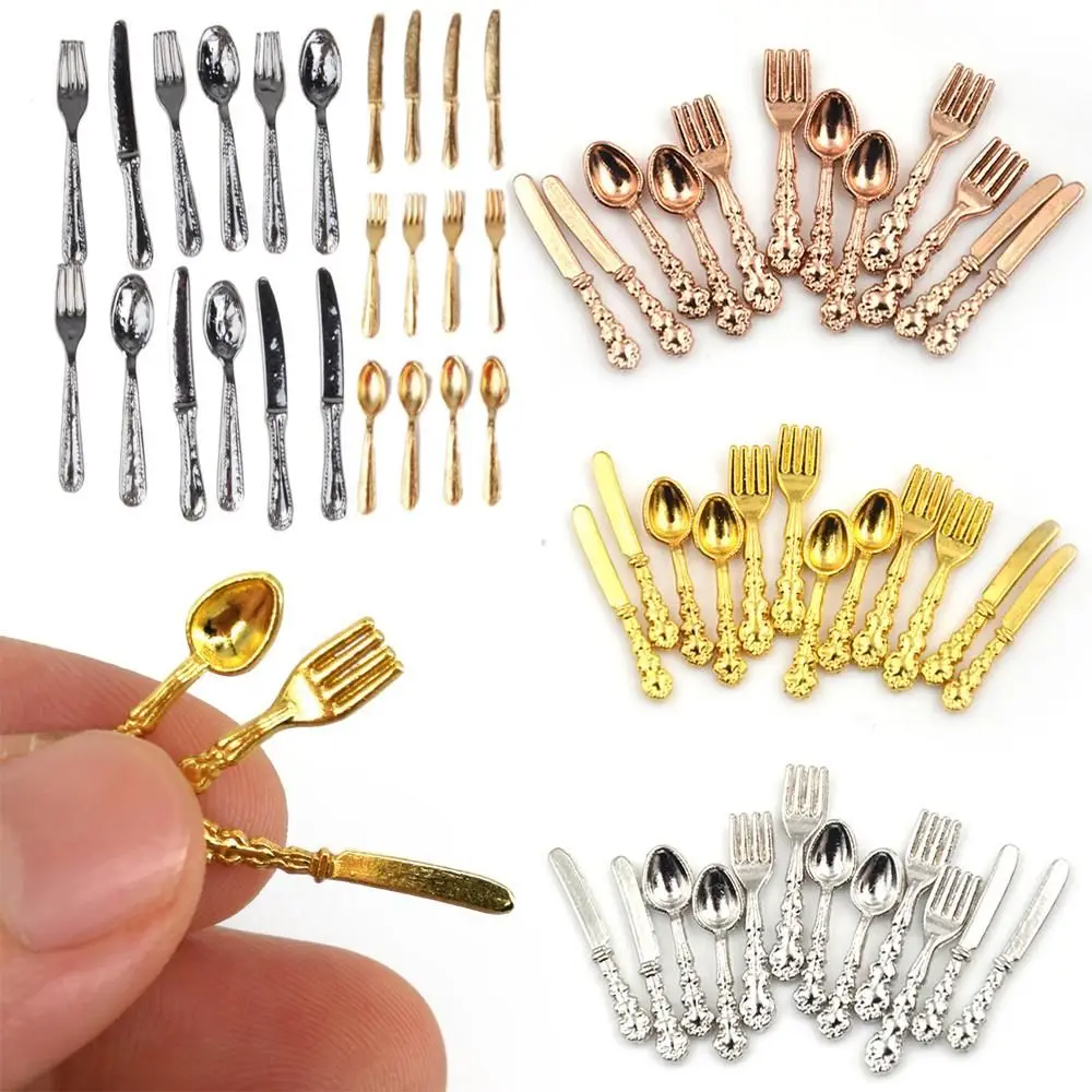 

12Pcs Toy Dollhouse Miniature Furniture Gold Silver Simulation Mini Cutlery Doll Accessory Fork Knife Spoon Doll Accessory