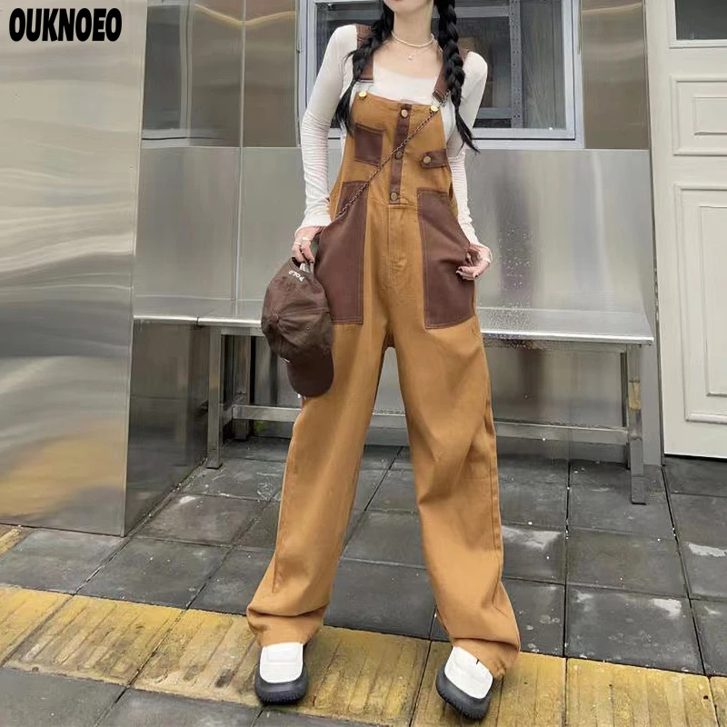 

Summer Women Denim Jumpsuits Brown Straight Long Wide Leg Jumpsuit 2023 Korean Streetwear Loose Spring Thin Women Denim Overalls