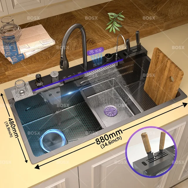 น้ําตกอ่างล้างจานสแตนเลสมัลติฟังก์ชั่จอแสดงผลดิจิตอลก๊อกน้ําล้างจานและผักอ่างล้างหน้าขนาดใหญ่ช่องเดียว 4