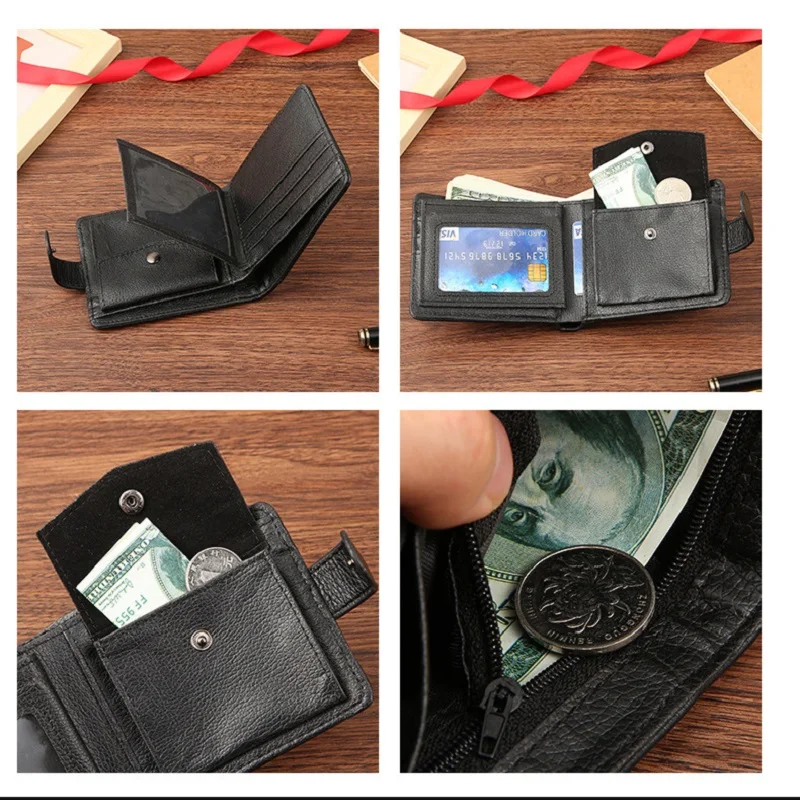 Men's Slim Bifold Wallets Leather Multiple Card Holder Purses with Driver License ID Windows Man Short Wallet with Coin Pouch