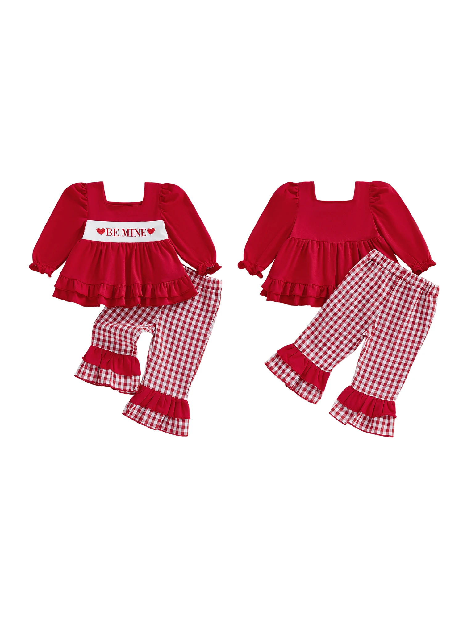 Toddler Girl Valentine’s Day Clothing Set with Long Sleeve Letter Tops and Plaid Flare Pants - Adorable Baby Outfit for the