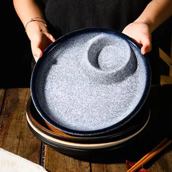 Japanese Dumpling Plate with Vinegar, Ceramic Tableware, Round Compartments Plate, Household Cold Dish Plate