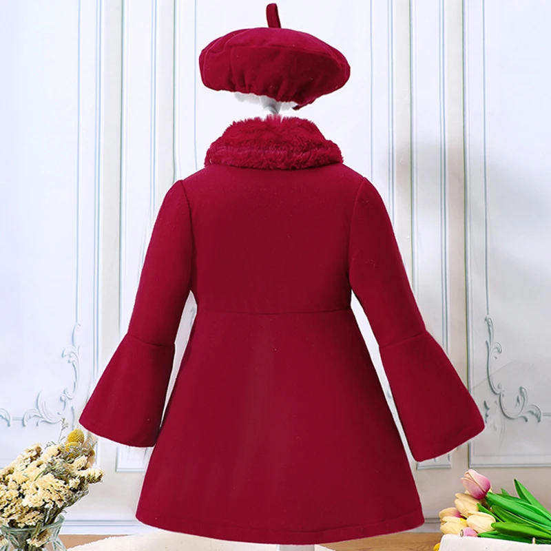 Girls Winter Coat Girls Outerwear Children's clothing for small and medium-sized girls winter style solid color patchwork fur collar woolen warm coat jacket