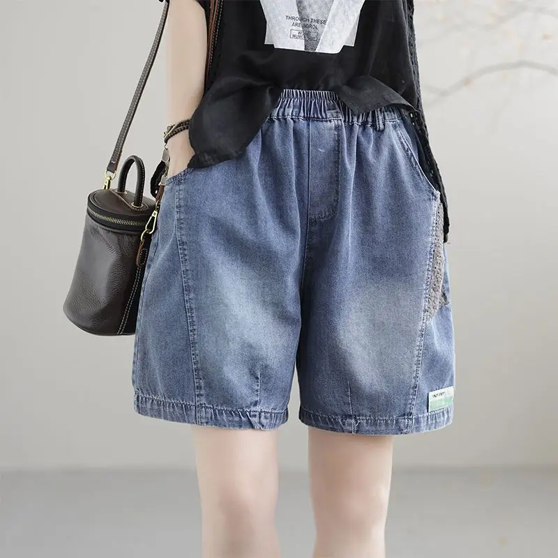 Korean Summer New Solid Color Loose Casual Retro Fashion Patchwork Ruched Pocket Elastic High Waisted Haren Women's Denim Shorts