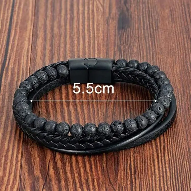 Beaded Bracelet Stone Bracelet Leather Bracelet Leather Bangle Stainless Steel Bangle Fashion Volcanic Stone Beaded Bracelet Mutilayer Braided Leather Bracelet For Men Stainless Steel Magnetic Bangle Jewelry Gift