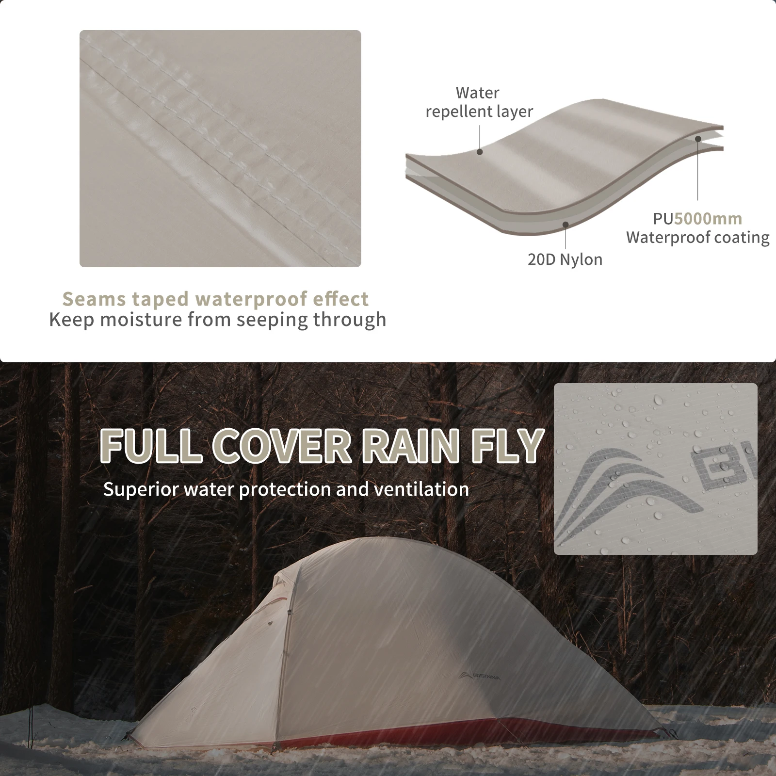 Barraca Ultraleve Bisinna – Nylon 20D Impermeável para Camping e Trekking (1–2 Pessoas) - Imagem 2
