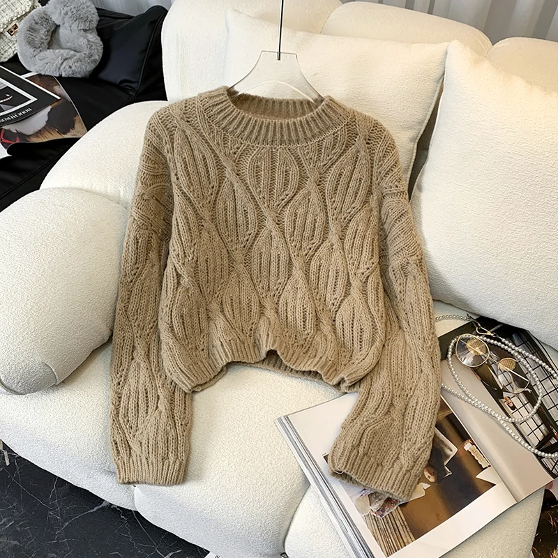 Women Pullover Soft Cable Knit Crop Sweater Long Sleeve Crew Neck