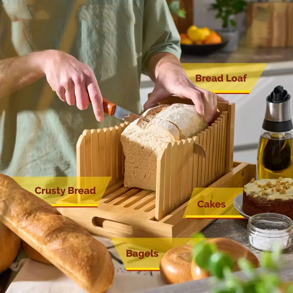 Bamboe opvouwbare broodsnijmachine, compacte dikte verstelbare broodsnijgids met kruimellade draagbare herbruikbare broodsnijder, voedselkwaliteit voor zelfgemaakt brood, toast, bagel (golven