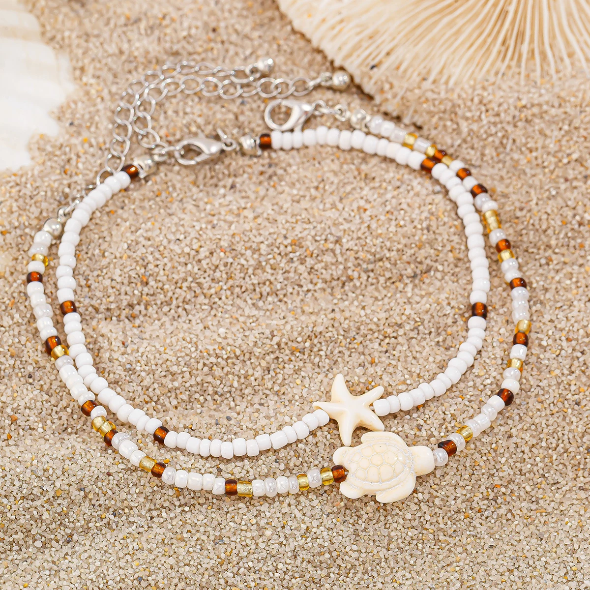 Ingemark Kpop Boho Starfish Turtles Conch Seed Beads Chain Anklet 2Pcs For Women Summer Beach Sweet Ankle Barefoot Y2K Jewelry ankle chains beads anklet fashion accessories