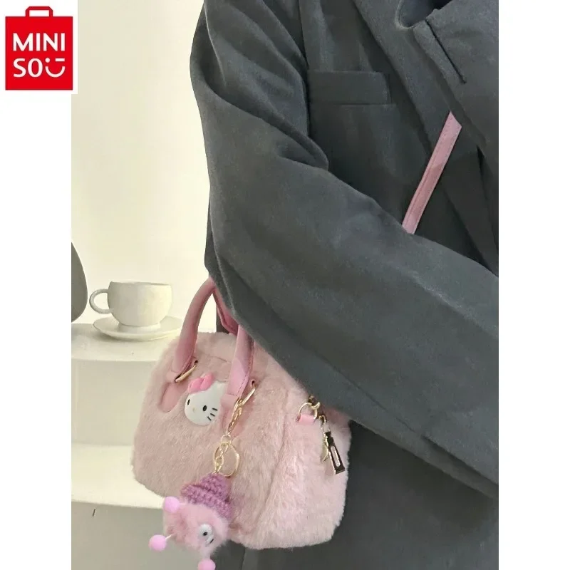 MINISO Sanrio Cartoon Hello Kitty Sweet Pink Printed Women's Love Cute Plush Fashion High Quality Diagonal Straddle Bag