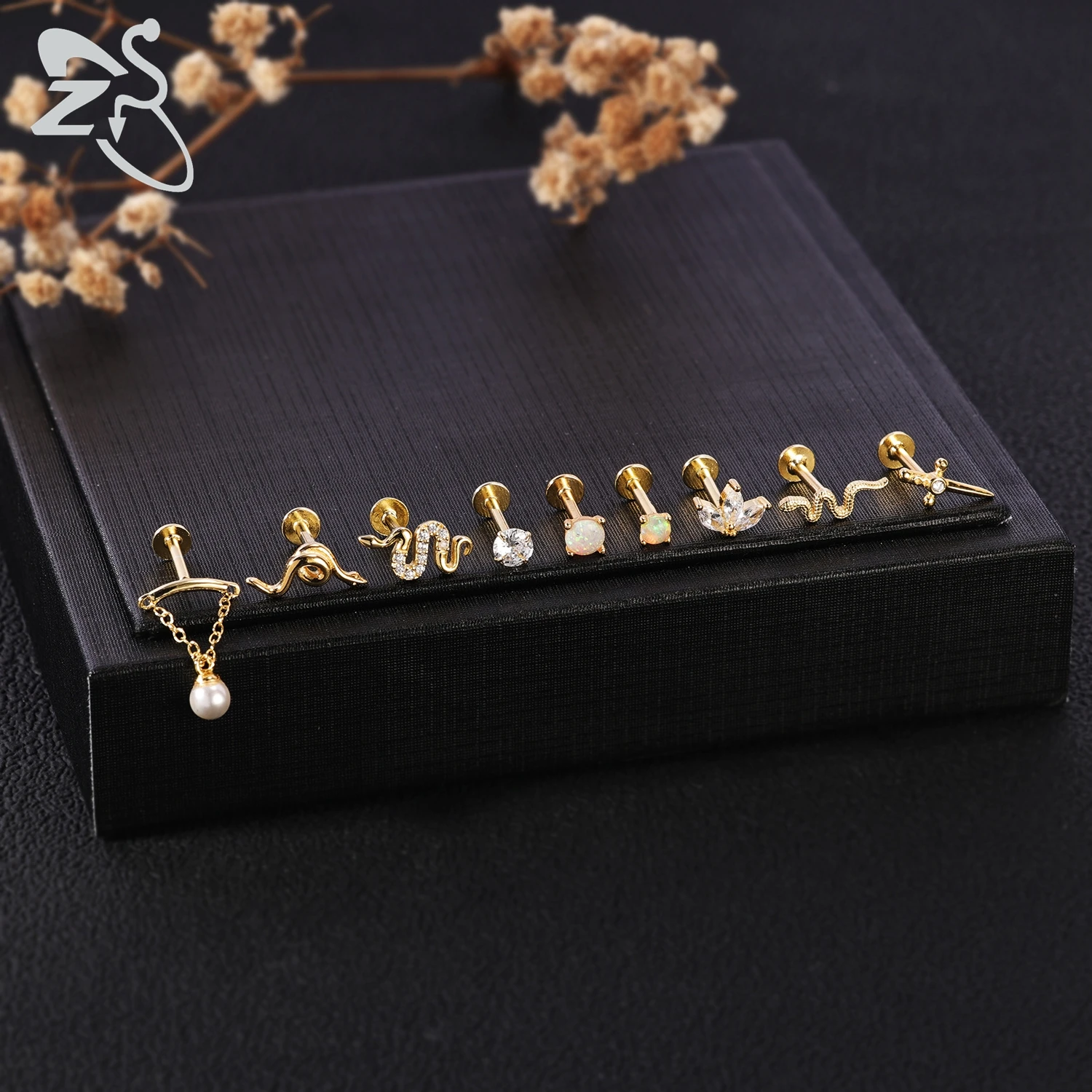 ZS 1PC 925 Sterling Silver Lip Ring Gold Color Labret Lip Stud Snake Cross Star Piercing for Women Men 16G Cartilage Earring nose piercings