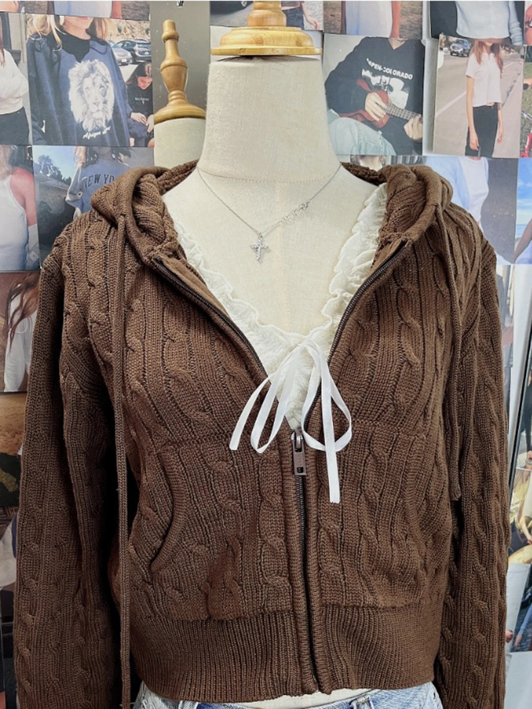 Brown Twisted Flower Knitted Cardigan Sweater Women Autumn Long Sleeve Hooded Zipper Crop Top Streetwear Fashion Y2K Sweaters 2