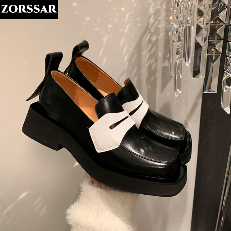 

Genuine Leather Platform Loafers Woman 2024 British Style Thick Heels Oxfords Shoes Women Slip on College Gothic Shoes Mujer