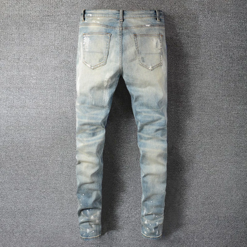 High Quality Ink Splash Patchwork Male Ripped Hole Design Stretchy Jean Hip Hop Style Trousers For Men Pantalon Vaqueros Hombre