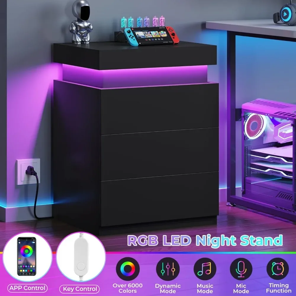 Nightstands Set of 2, Charging Station and Sliding Top, Bedside Table with Power Outlets & Drawers,  Nightstands 4