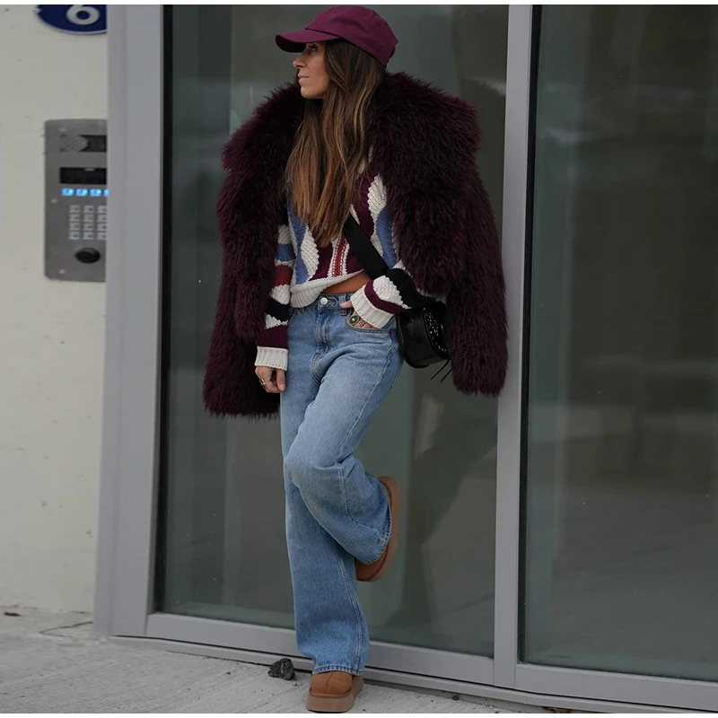 Fashion Women Faux Fur Coat Fluffy Lapel Loose Long Sleeve Burgundy Red Cropped Jacket Female Winter High Street Outwear