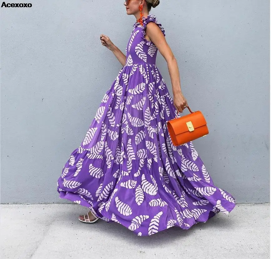 

2023 summer new women's fashion casual violet print sleeveless waist dress