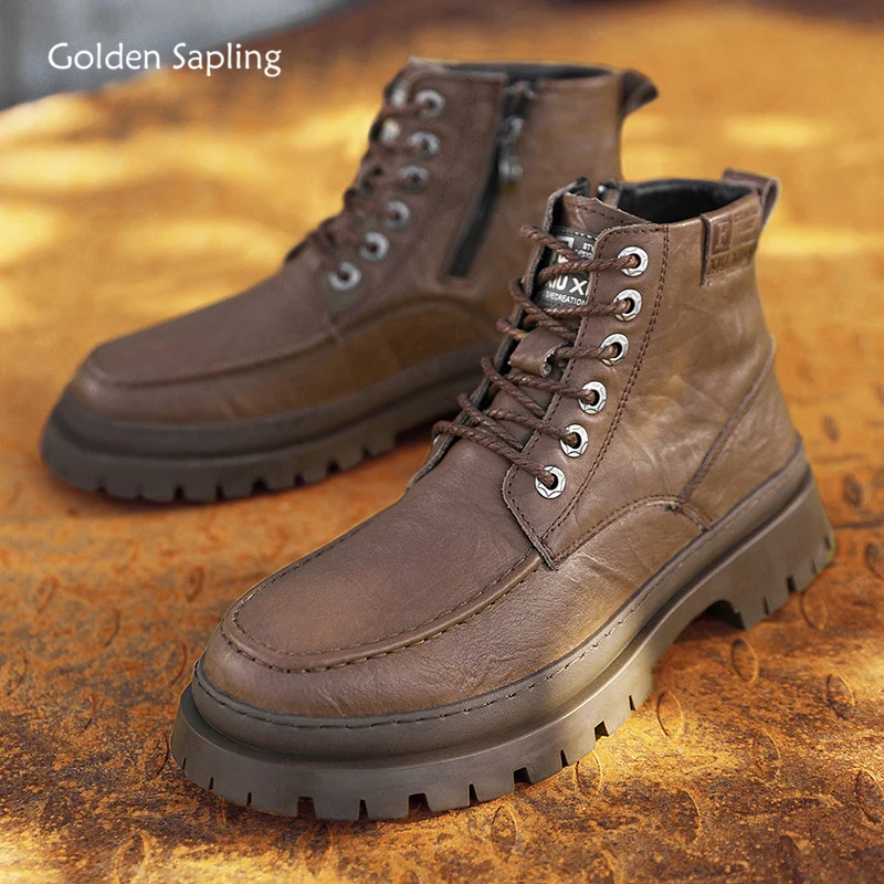 

Golden Sapling Men Tooling Boots Platform Shoes Genuine Leather Flats Leisure Ankle Boot Men's Tactical Shoe Casual Outdoor Flat