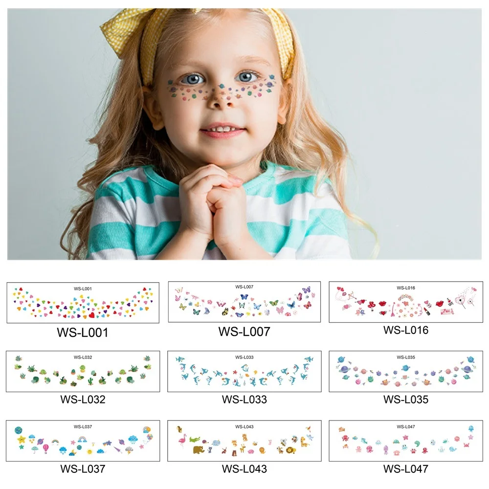 

48 Kinds Waterproof Temporary Tattoos Cartoon Pattern Kids Face Tattoo Stickers Children's Day Floral Party Makeup Boys Girls