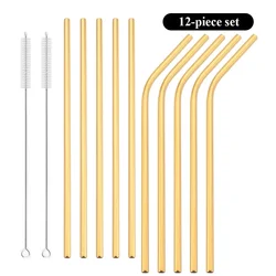 Eco - Friendly Reusable Stainless Steel Drinking Straws Set with Cleaning Brush (Gold)