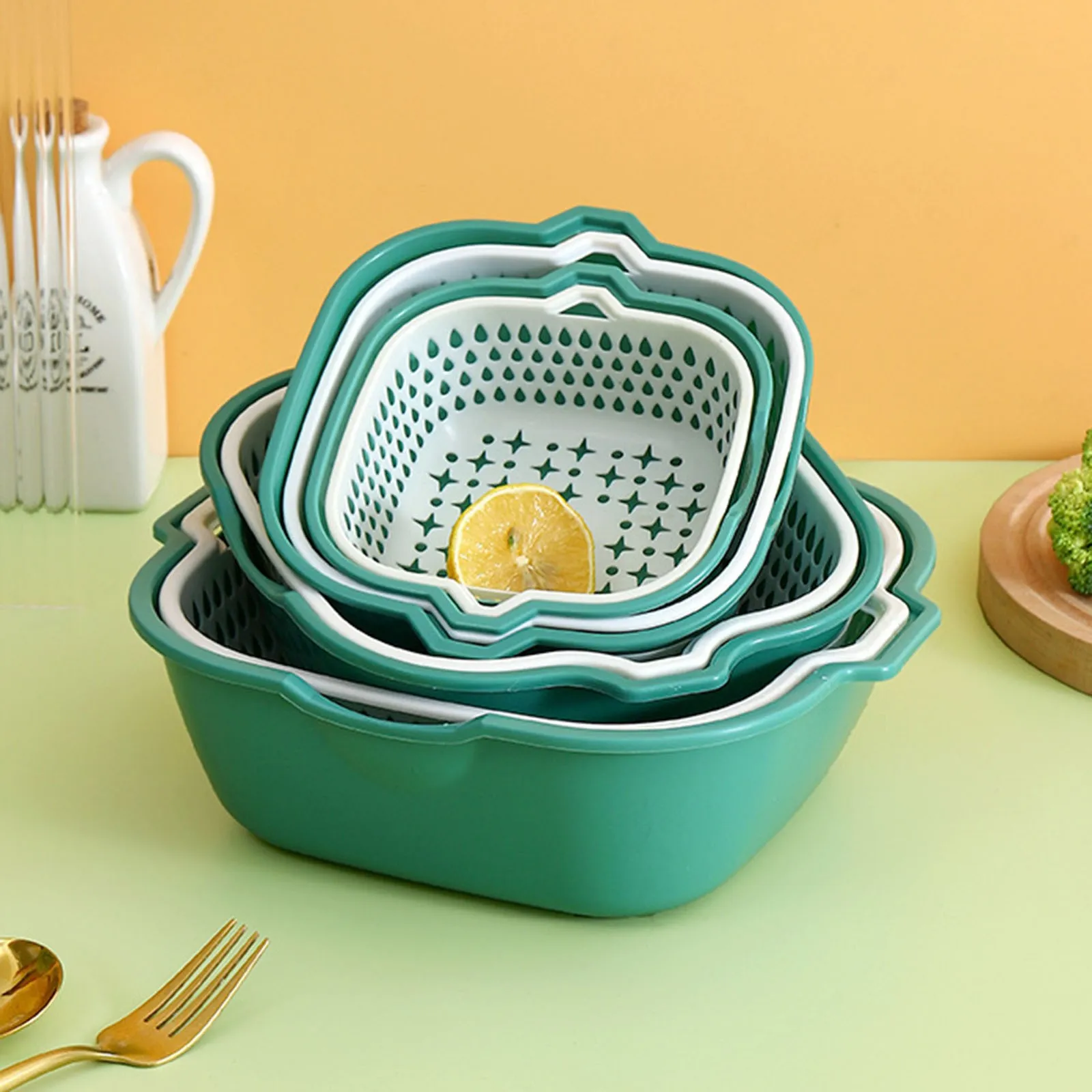 

6 PCs Creative Kitchen Tool Double Layered Vegetable Washing Basin Drainage Basket Plate Washing Fruit Basket Plastic Drip Basin