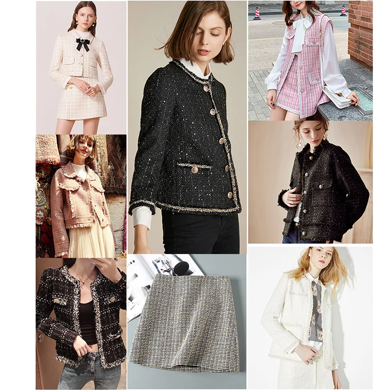 1/2/3M Woolen Tweed Fabric Lady Style Fiber Plaid Woven Tweed Fabric DIY Coat Clothing Dress Handmade Sewing Autumn Winter 2