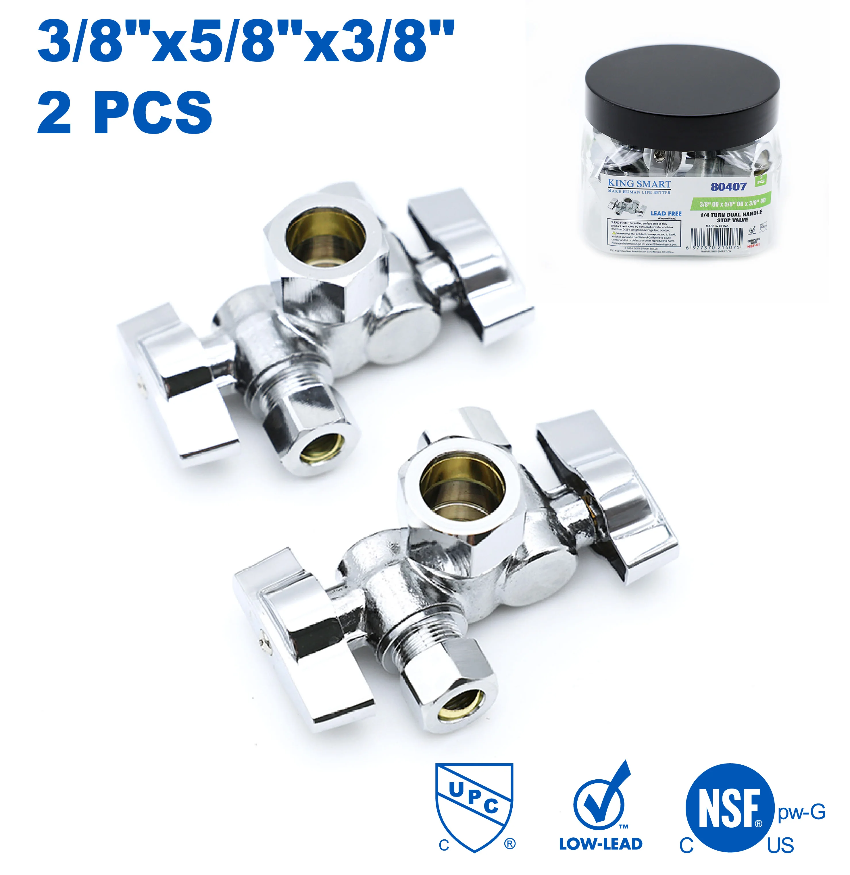 KING SMART 3/8" OD * 5/8" OD * 3/8" 1/4 Turn Dual Handle Stop Valve; 2Pcs/Case; 80407