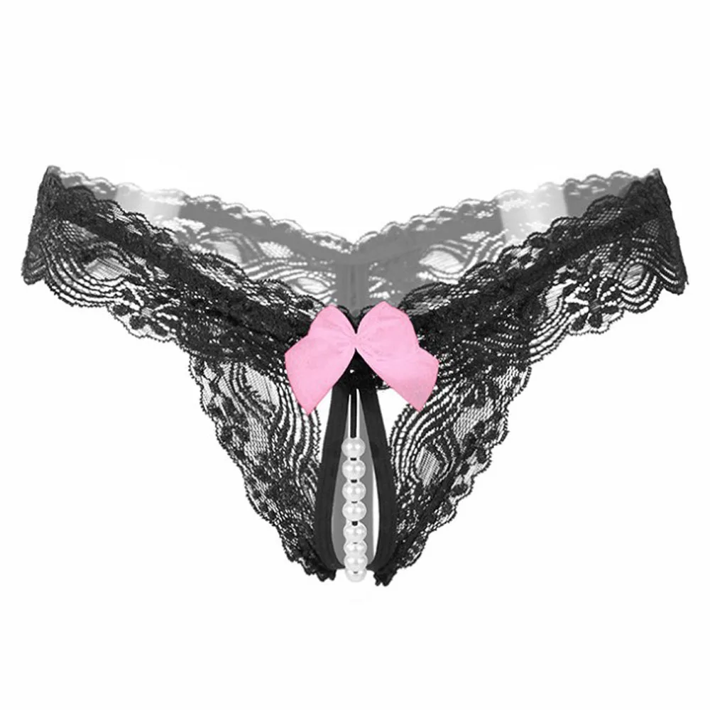 

Hot Sexy Open Crotch Thongs G-String Lingerie Women Crotchless Panties Bowknot Pearls Lace Underwear Nightwear