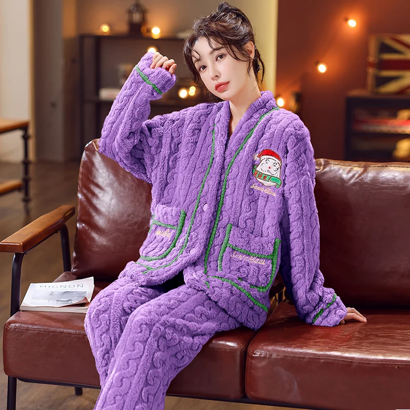Sleepwear Women Autumn Winter Warm Pajama Sets Flannele Big Size Kawaii Clothing V-neck Thick Nightwear Korean Chic Homewear
