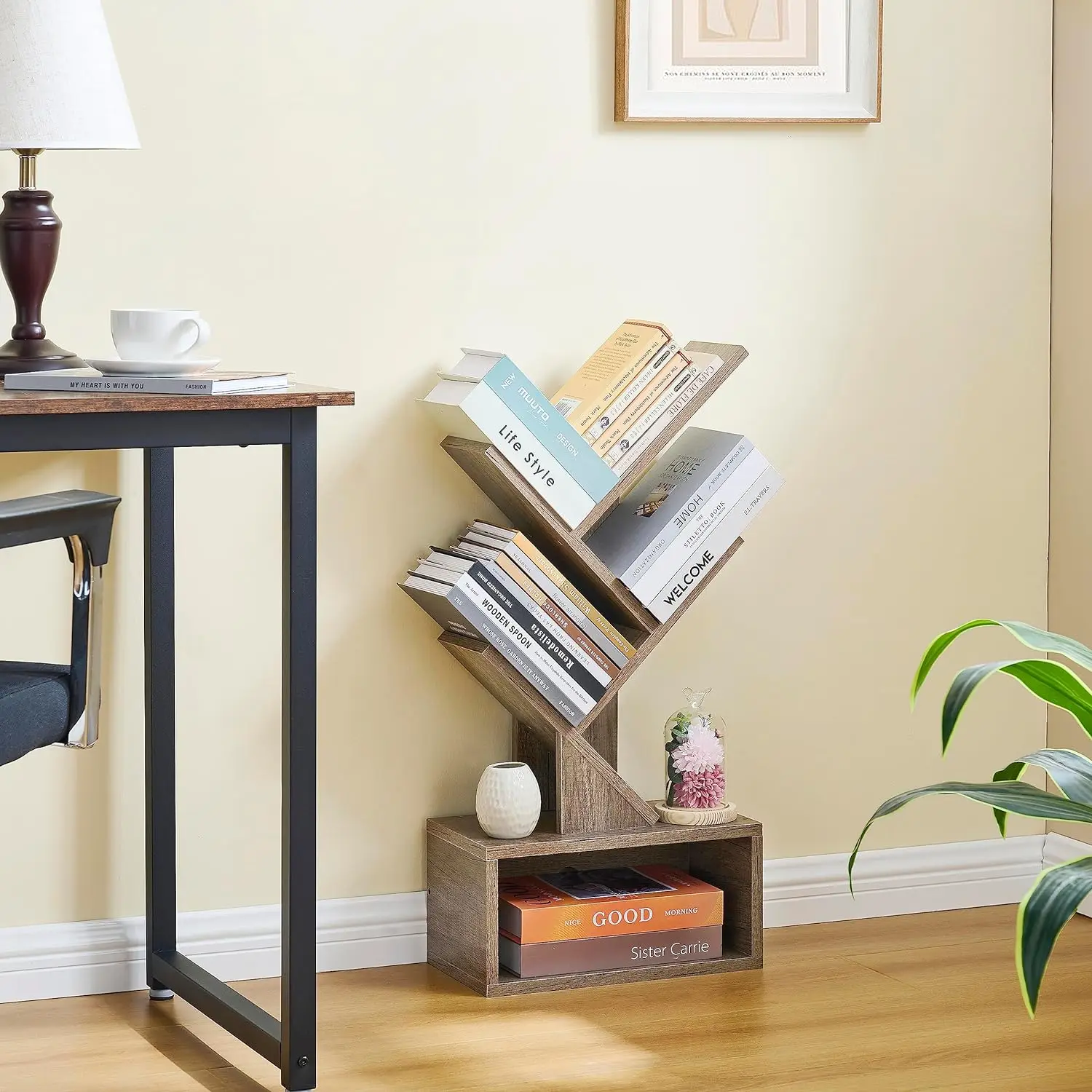 

Hoctieon 3 Tier Tree Bookshelf, Modern Bookcase with Drawer, Freestanding Book Shelf, Greige