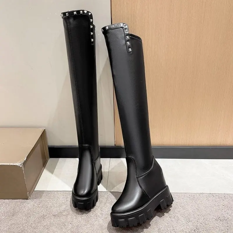 2024 NEW Winter Fashion Rivets Over The Knee Boots Women Cool Metal Decoration Long Boots Fashion Thick Sole High Boots Black