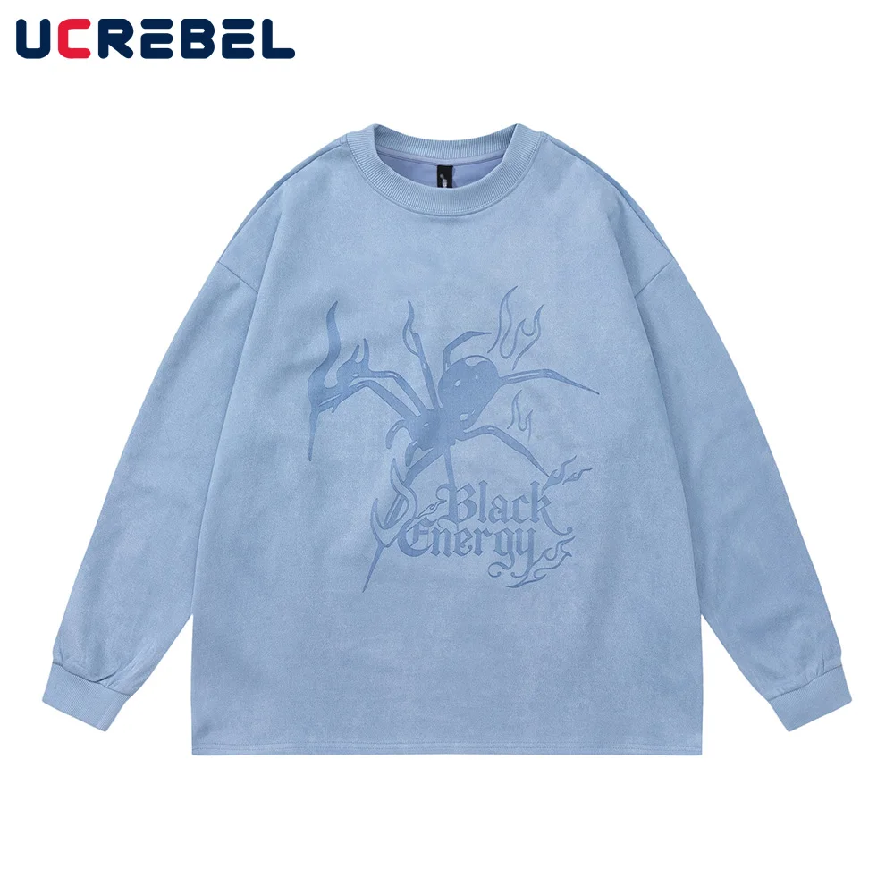 

Spider Print Suede T-shirt Mens Autumn Casual Loose Crew Neck Retro Long Sleeve Tshirt Men Top