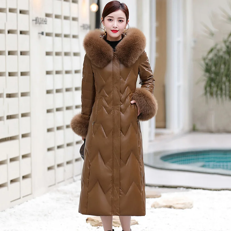 

Women M-7XL Leather Overcoat Winter Fashion Real Fox Fur Collar Cuff Hooded Long Sheepskin Coat White Duck Down Outerwear