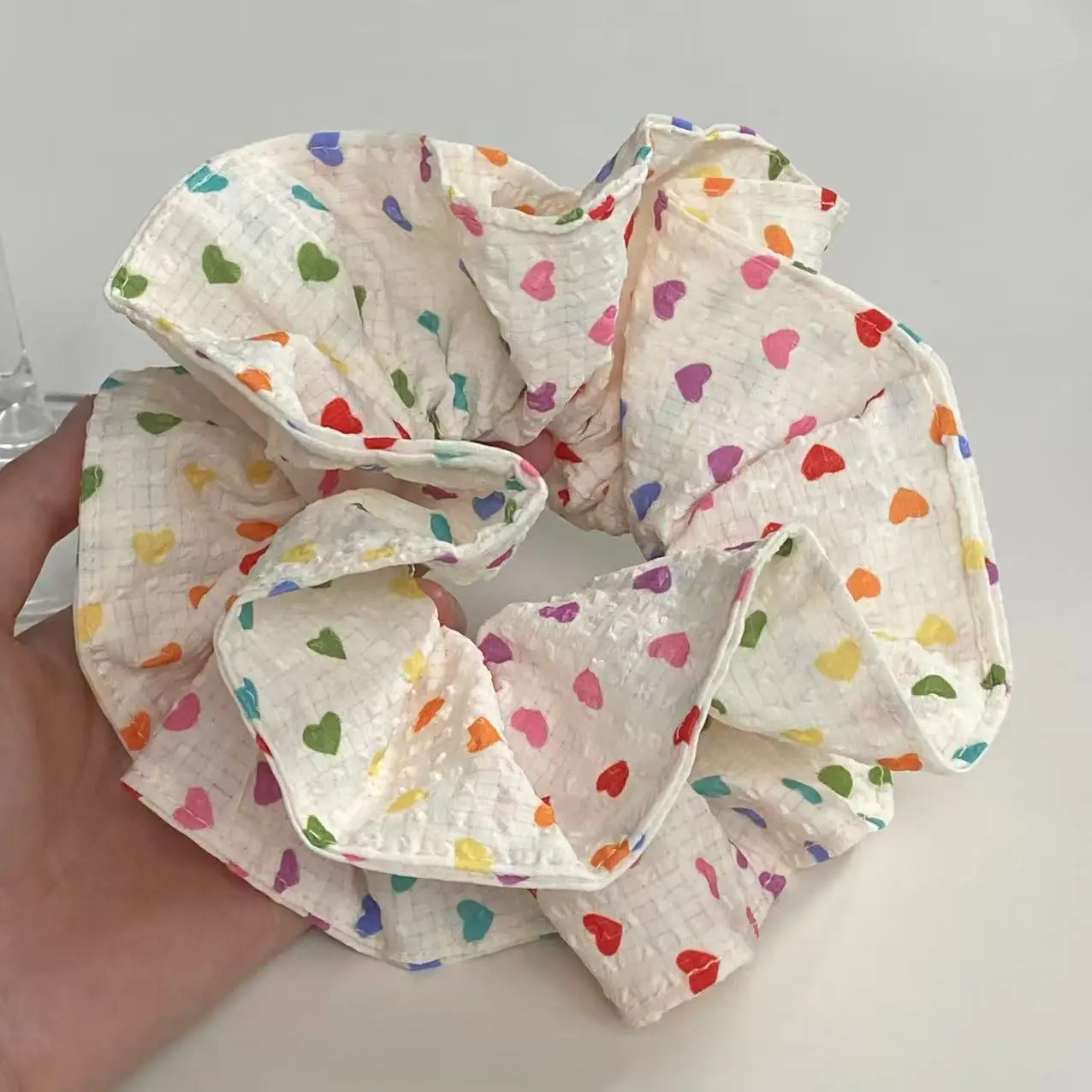1PC Colorful Heart - Printed Scrunchie, Cute Large Hair Tie for Women, Sweet Hair Accessory for Daily Wear and Parties