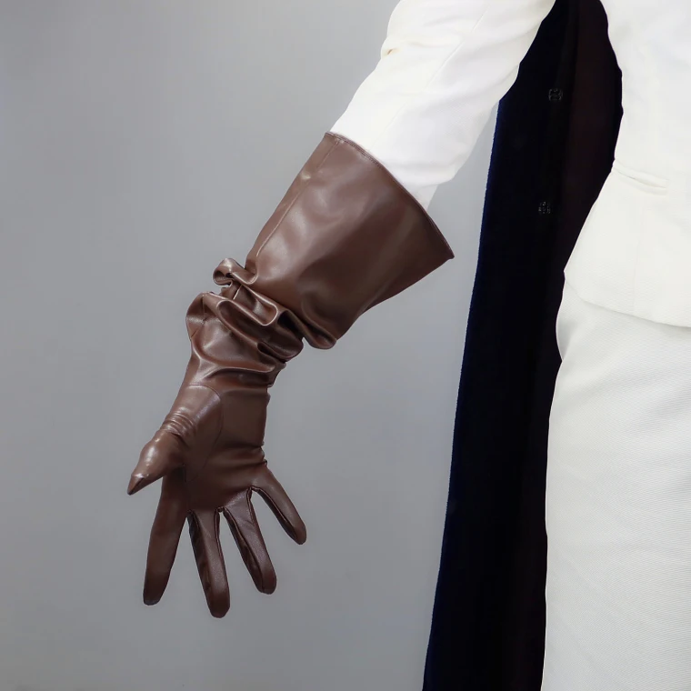 LONG GLOVES Faux Leather PU 15" 38cm Coffee Dark Deep Brown Loose Fit Unisex LLDLLNT