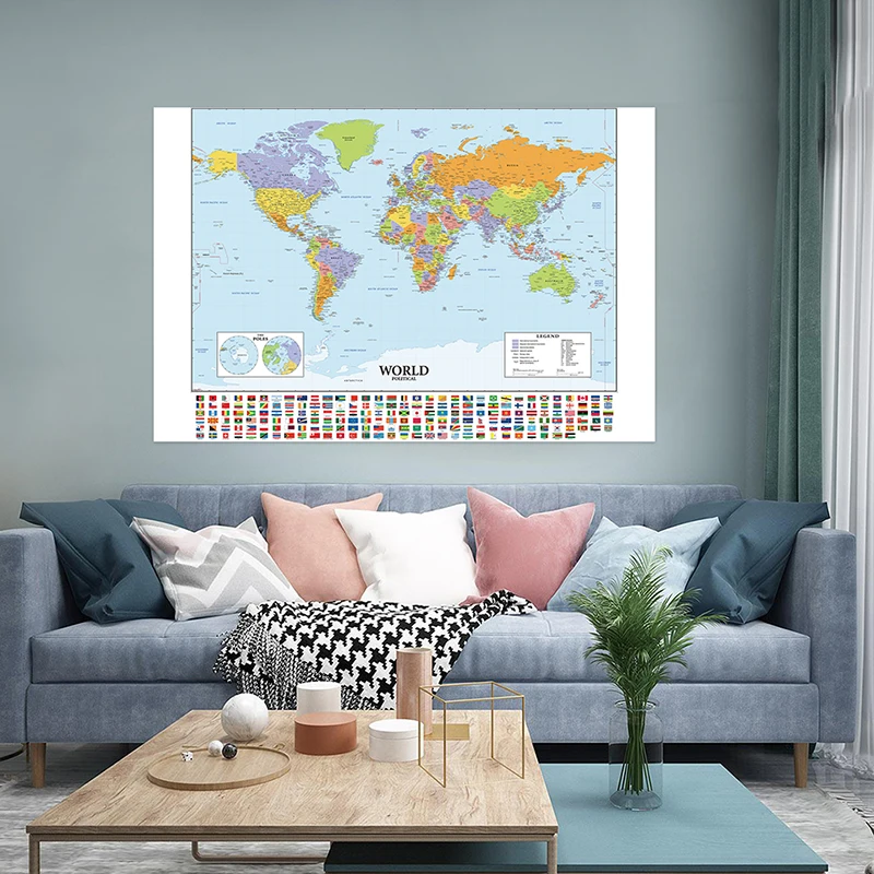 

Poster 120*80cm Non-woven Fabric World Map with Country Flag In English Wall Chart Home Decor Travel Study School Supplie