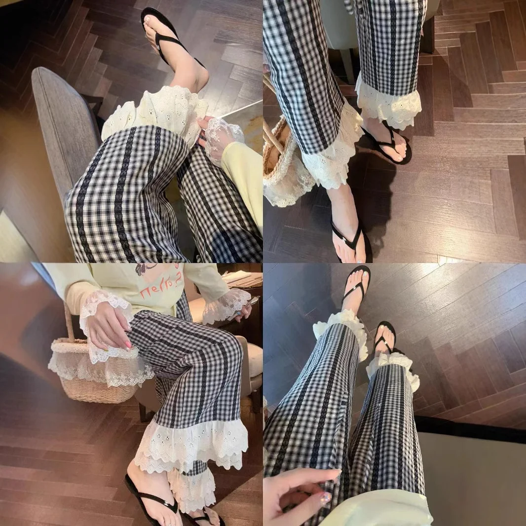 임산부 와이드 레그 팬츠 여름 체크 레이스 트림 스플라이스 드로스트링 허리 스트레이트 컷 통기성 폴리에스터 루즈핏 스트리트 스타일