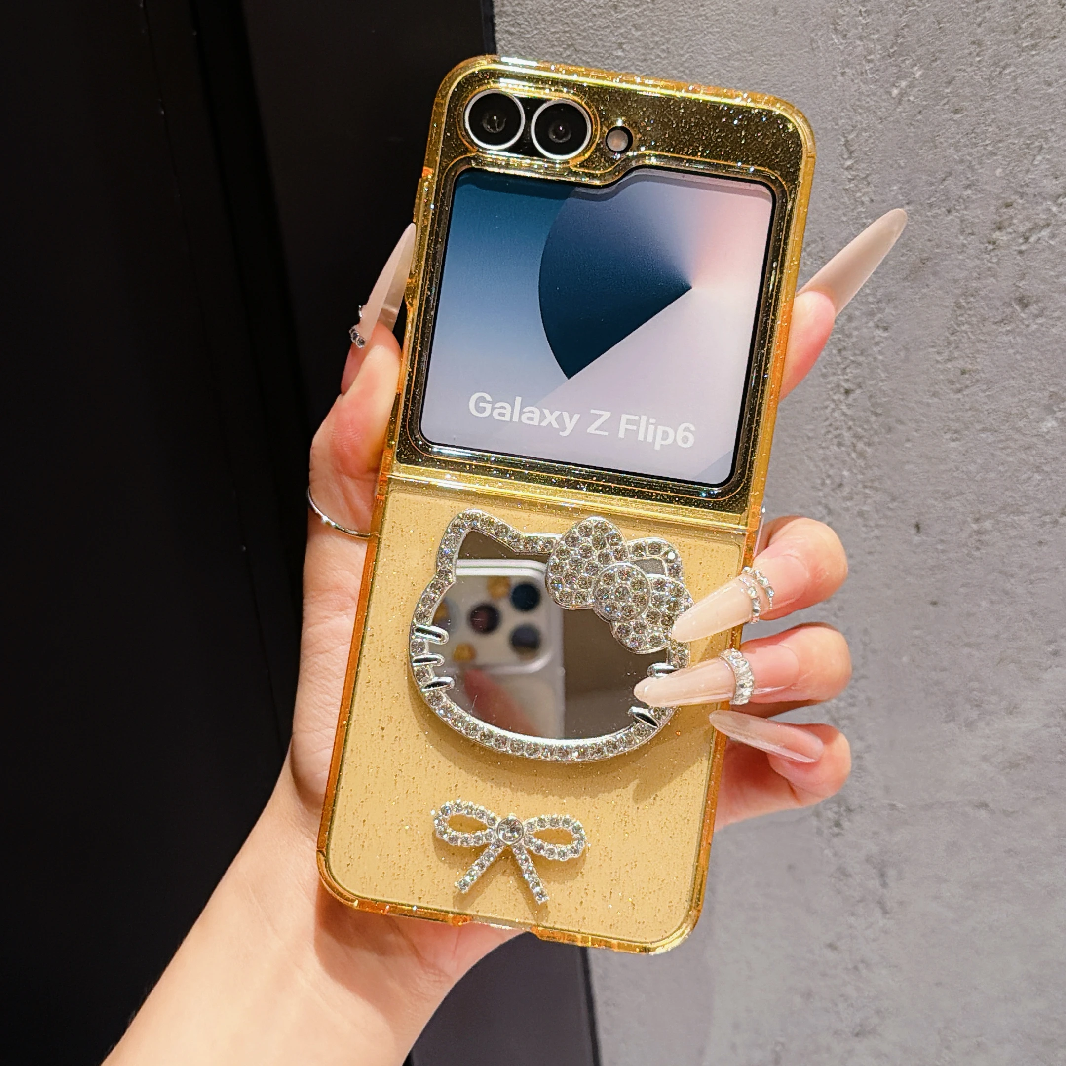 Glitter Diamond Bow Mirror Shockproof Phone Case with Full Hinge Protection and Girly Chic Design