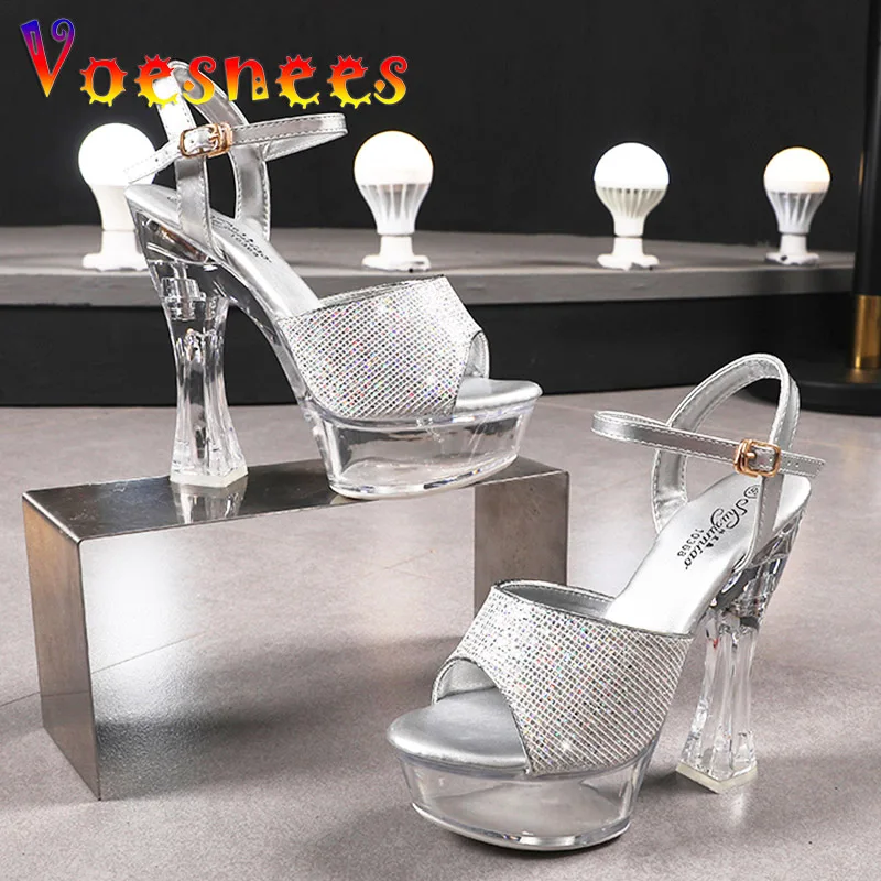 

Woman 14CM Super High Heel Shoes Summer Transparent Platform Sexy Show Silvery Model Shoe Fashion Open Toe Party Sandals Size 43