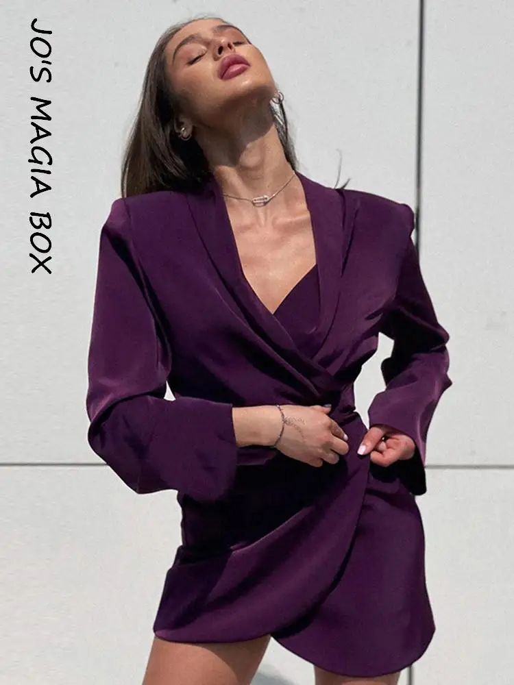 

Jo's Magia Box Y2K Satin Long Sleeve Bandage Summer Dresses Woman 2022 Solid Shoulder Pads Casual Party Elegant Woman Mini Dress